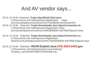 And AV vendor says...
23.01.13 19:56 Detected: Trojan-Spy.Win32.Zbot.aymr
       C:/Documents and Settings/user1/Application Data/
       Sun/Java/Deployment/cache/6.0/27/4169865b-641d53c9/UPX
23.01.13 19:56 Detected: Trojan-Downloader.Java.OpenConnection.ck
       C:/Documents and Settings/user1/Application Data/
       Sun/Java/Deployment/cache/6.0/48/38388f30-4a676b87/bpac/b.class

23.01.13 19:56 Detected: Trojan-Downloader.Java.OpenConnection.cs
       C:/Documents and Settings/user1/Application
       Data/Sun/Java/Deployment/cache/6.0/48/38388f30-4a676b87/ot/pizdi.class

23.01.13 19:58 Detected: HEUR:Exploit.Java.CVE-2013-0422.gen
       C:/Documents and Settings/user1/Local Settings/
       Temp/jar_cache3538799837370652468.tmp
 