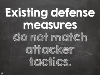 #HITB2017AMSNETSQUARE
Existing defense
measures
do not match
attacker
tactics.
 