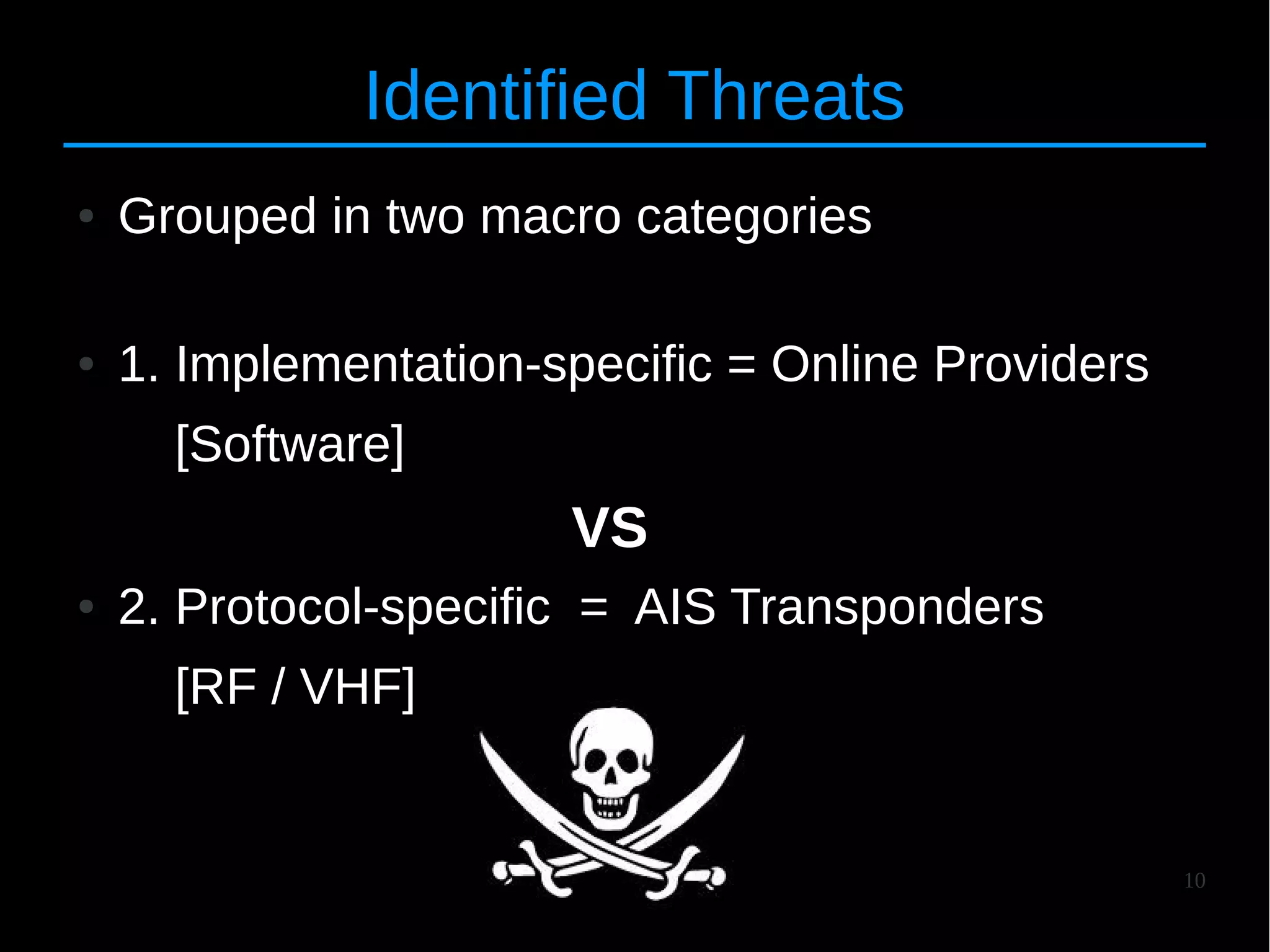 10
Identified Threats
● Grouped in two macro categories
● 1. Implementation-specific = Online Providers
[Software]
VS
● 2. Protocol-specific = AIS Transponders
[RF / VHF]
 
