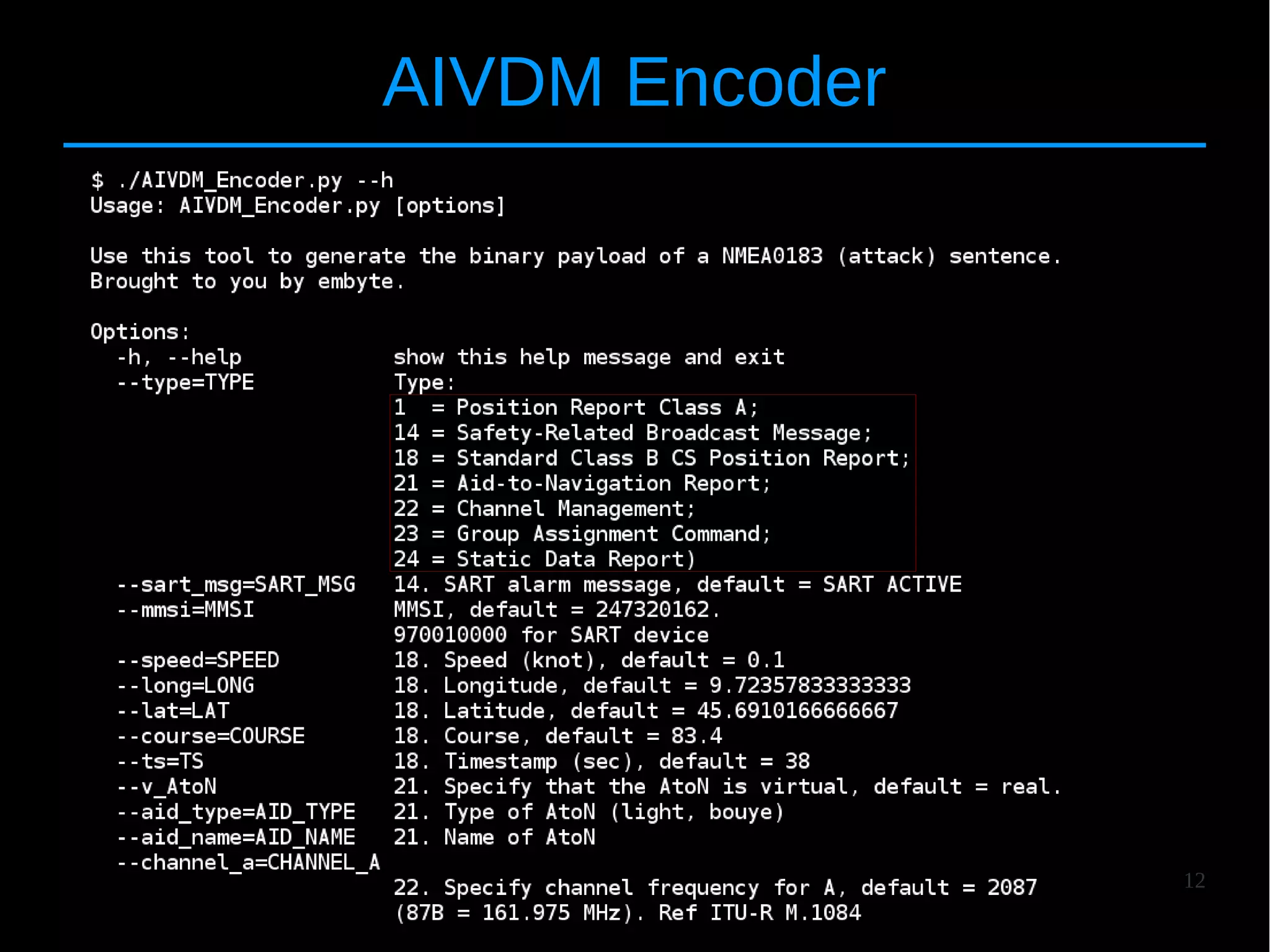 12
AIVDM Encoder
 