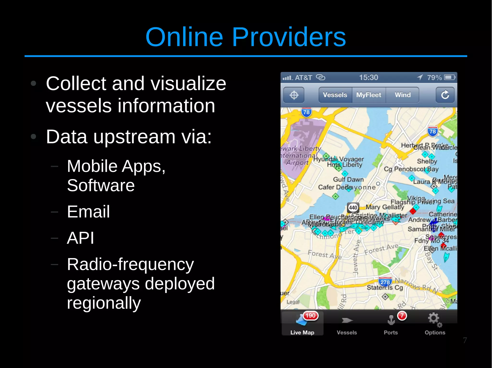 7
Online Providers
● Collect and visualize
vessels information
● Data upstream via:
– Mobile Apps,
Software
– Email
– API
– Radio-frequency
gateways deployed
regionally
 