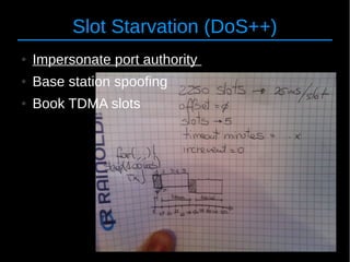 35
Slot Starvation (DoS++)
● Impersonate port authority
● Base station spoofing
● Book TDMA slots
 