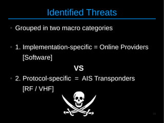 10
Identified Threats
● Grouped in two macro categories
● 1. Implementation-specific = Online Providers
[Software]
VS
● 2. Protocol-specific = AIS Transponders
[RF / VHF]
 