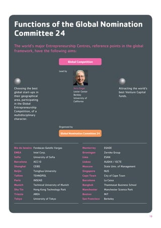 Functions of the Global Nomination
Committee 24


                                    Global Competition




                                                                best Venture Capital
                                                                funds.
                                        California



Competition, of a
multidisciplinary
character.



                               Global Nomination Committee 24




Rio de Janeiro                                  Monterrey
EMEA             Intel Corp.                    Groningen
Soﬁa                                            Lima
Barcelona        ACC10                          Lisboa
Shanghai                                        Moscow
Beijin                                          Singapore
Tallinn                                         Cape Town
Paris                                           Barcelona
Munich                                          Bangkok
Sha Tin                                         Manchester
Trieste                                         Boston
Tokyo                                           San Francisco




                                                                                       13
 