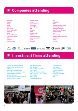 Companies attending

Accenture
Acciona
Adobe                                              Pﬁzer

Almirall

                    Iberdrola
                    Indra




                                                   Visa Inc.




           Investment ﬁrms attending

                                                   Aescap Venture
                                                   Intel Capital
                                                   Ventura Partners

                    Philips Healthcare incubator

                    Ventures BV
 