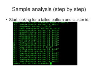 Sample analysis (step by step)
●   Start looking for a failed pattern and cluster id:
 