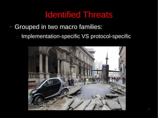 Identified Threats
●

Grouped in two macro families:
–

Implementation-specific VS protocol-specific

14

 