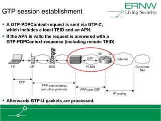 GTP session establishment
 A GTP-PDPContext-request is sent via GTP-C,
  which includes a local TEID and an APN.
 If the APN is valid the request is answered with a
  GTP-PDPContext-response (including remote TEID).




 Afterwards GTP-U packets are processed.
 