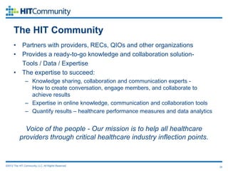The HIT Community
      • Partners with providers, RECs, QIOs and other organizations
      • Provides a ready-to-go knowledge and collaboration solution-
        Tools / Data / Expertise
      • The expertise to succeed:
               – Knowledge sharing, collaboration and communication experts -
                 How to create conversation, engage members, and collaborate to
                 achieve results
               – Expertise in online knowledge, communication and collaboration tools
               – Quantify results – healthcare performance measures and data analytics


             Voice of the people - Our mission is to help all healthcare
           providers through critical healthcare industry inflection points.


©2012 The HIT Community, LLC. All Rights Reserved.                                       35
 