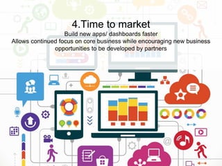 Build new apps/ dashboards faster
Allows continued focus on core business
while encouraging new business
opportunities to be developed by partners
Data assets can be marketed
Turn customers into assets/partners
4.Time to market
Build new apps/ dashboards faster
Allows continued focus on core business while encouraging new business
opportunities to be developed by partners
 