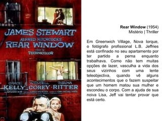 Rear Window (1954)
Mistério | Thriller
Em Greenwich Village, Nova Iorque,
o fotógrafo profissional L.B. Jeffries
está confinado no seu apartamento por
ter
partido
a
perna
enquanto
trabalhava. Como não tem muitas
opções de lazer, vasculha a vida dos
seus vizinhos
com uma lente
teleobjectiva,
quando
vê
alguns
acontecimentos que o fazem suspeitar
que um homem matou sua mulher e
escondeu o corpo. Com a ajuda de sua
noiva Lisa, Jeff vai tentar provar que
está certo.

 