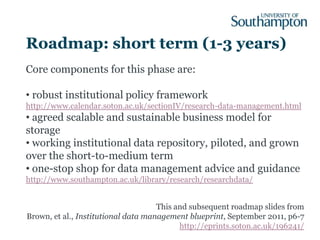 Roadmap: short term (1-3 years)
Core components for this phase are:

• robust institutional policy framework
http://www.calendar.soton.ac.uk/sectionIV/research-data-management.html
• agreed scalable and sustainable business model for
storage
• working institutional data repository, piloted, and grown
over the short-to-medium term
• one-stop shop for data management advice and guidance
http://www.southampton.ac.uk/library/research/researchdata/


                                     This and subsequent roadmap slides from
Brown, et al., Institutional data management blueprint, September 2011, p6-7
                                           http://eprints.soton.ac.uk/196241/
 