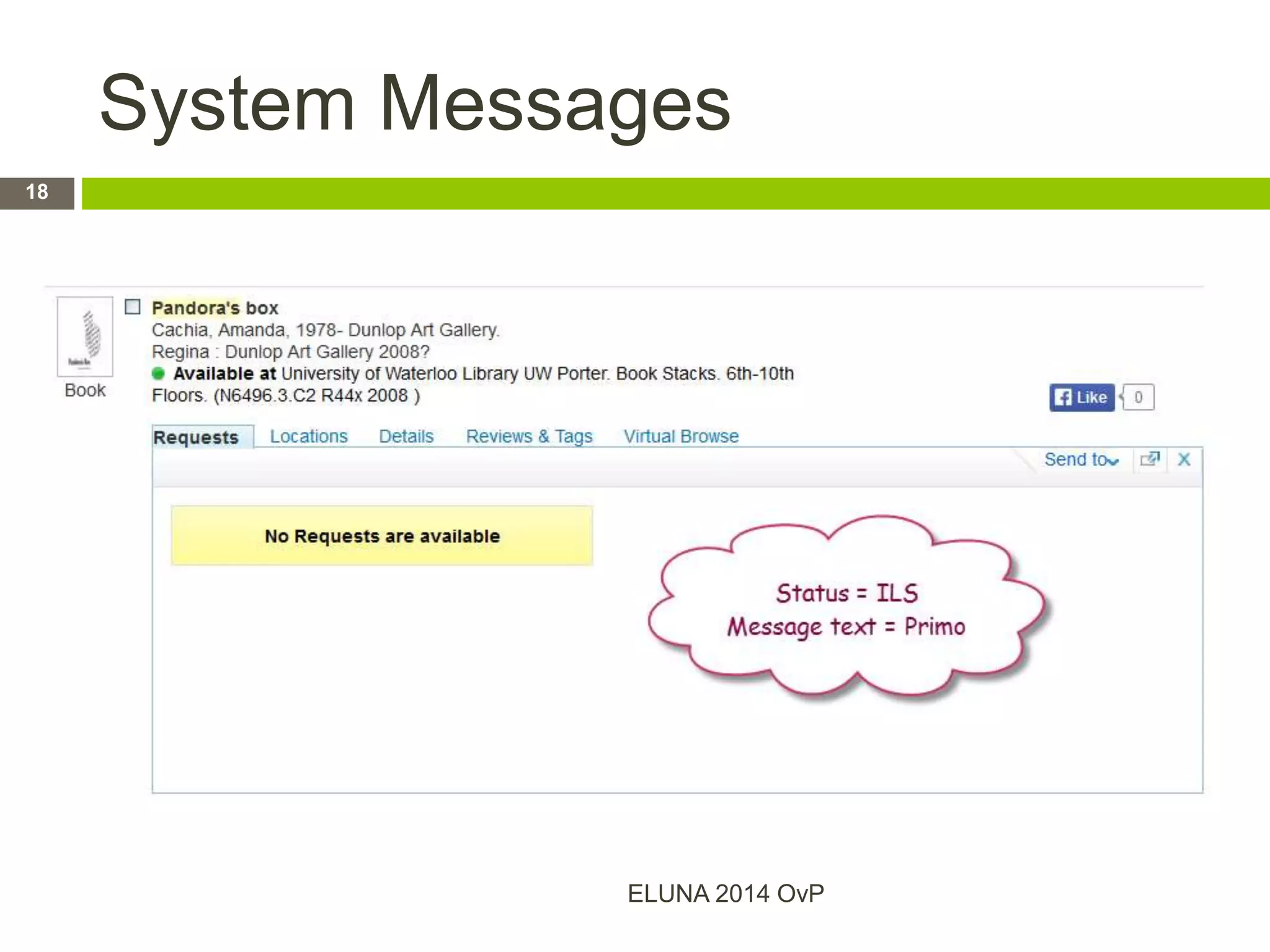 System Messages
ELUNA 2014 OvP
18
 