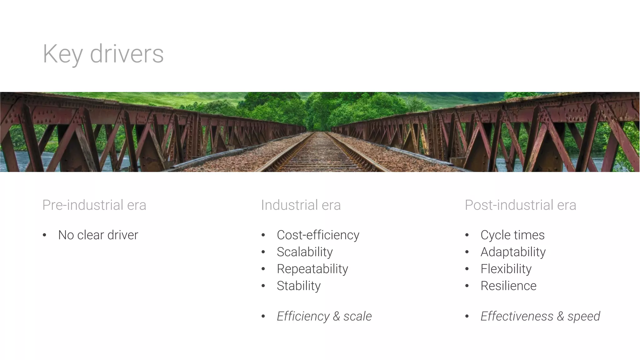 Key drivers




Pre-industrial era
•  No clear driver





Industrial era
•  Cost-efficiency
•  Scalability
•  Repeatability
•  Stability
•  Efficiency & scale





Post-industrial era
•  Cycle times
•  Adaptability
•  Flexibility
•  Resilience
•  Effectiveness & speed
 