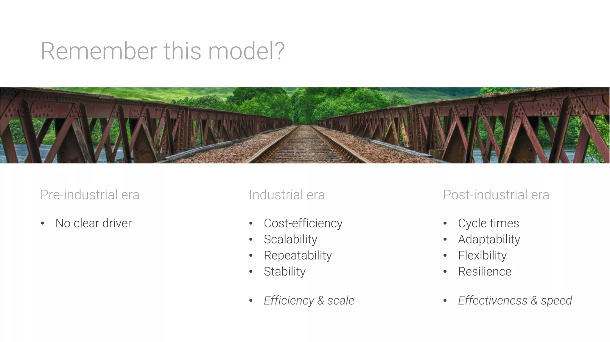 Remember this model?




Pre-industrial era
•  No clear driver





Industrial era
•  Cost-efficiency
•  Scalability
•  Repeatability
•  Stability
•  Efficiency & scale





Post-industrial era
•  Cycle times
•  Adaptability
•  Flexibility
•  Resilience
•  Effectiveness & speed
 