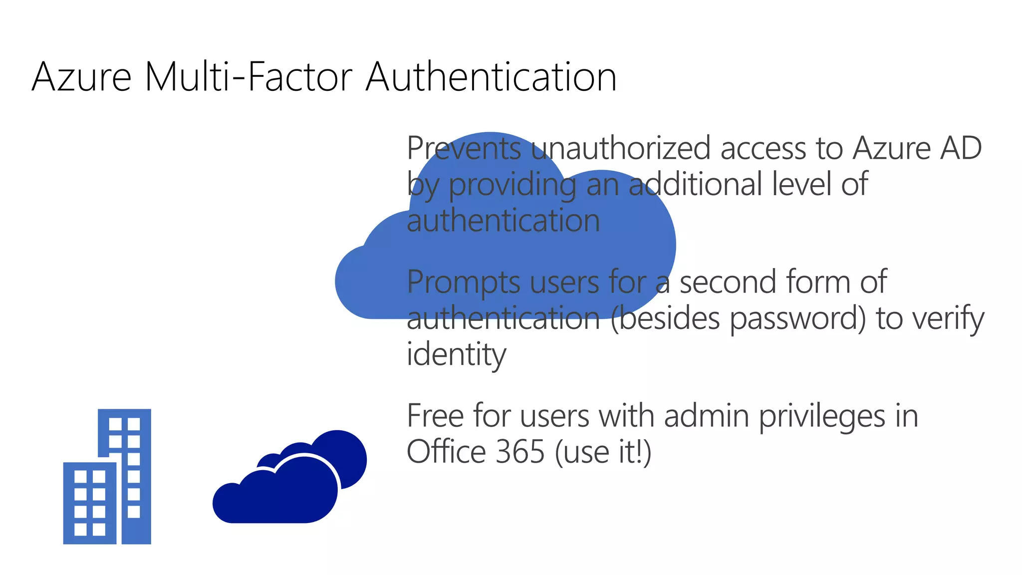 Azure Multi-Factor Authentication
Prevents unauthorized access to Azure AD
by providing an additional level of
authentication
Prompts users for a second form of
authentication (besides password) to verify
identity
Free for users with admin privileges in
Office 365 (use it!)
 