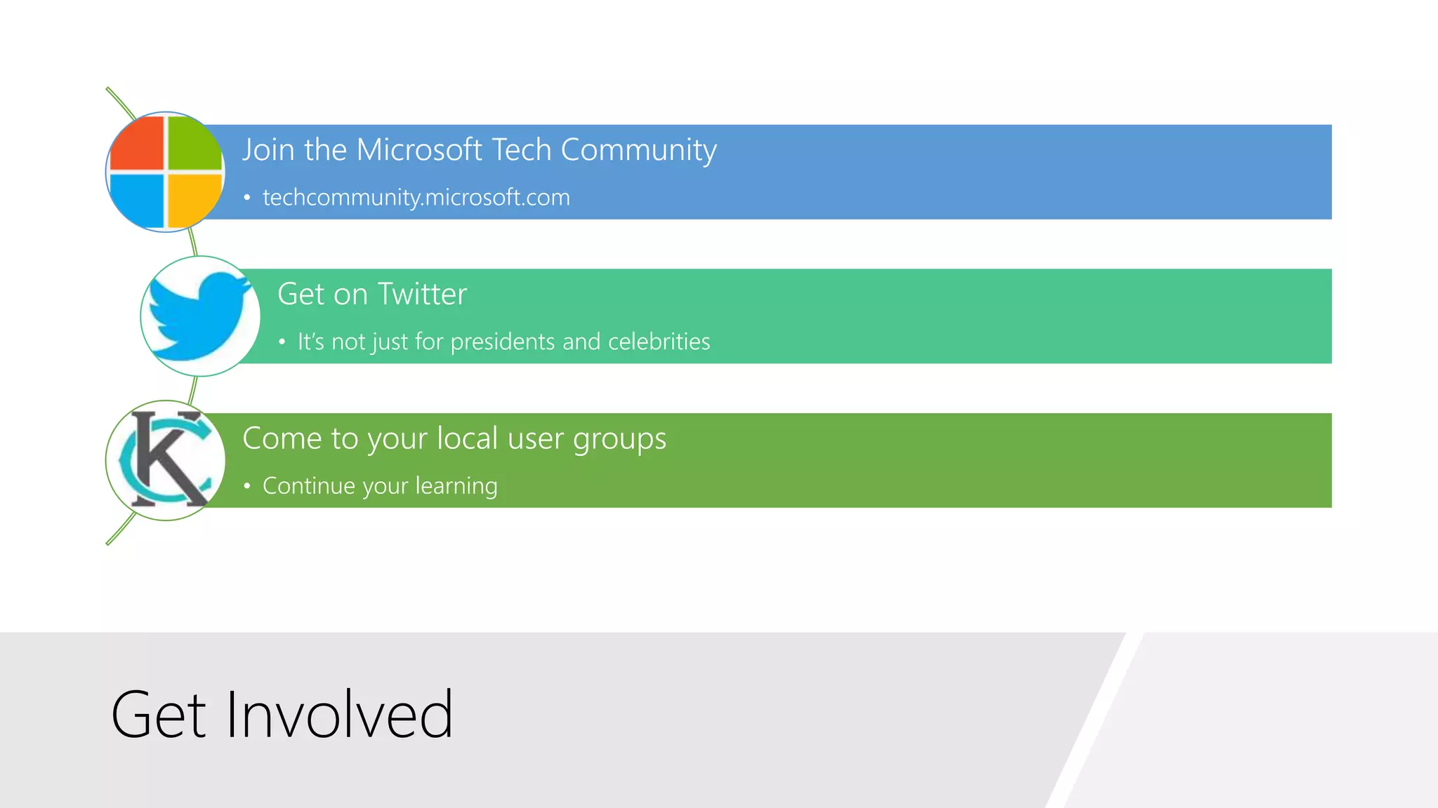 Get Involved
Join the Microsoft Tech Community
• techcommunity.microsoft.com
Get on Twitter
• It’s not just for presidents and celebrities
Come to your local user groups
• Continue your learning
 