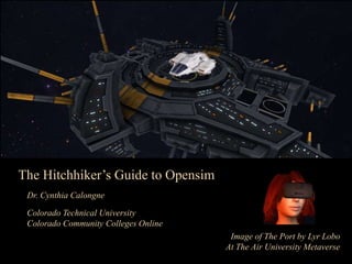 The Hitchhiker’s Guide to Opensim
Image of The Port by Lyr Lobo
At The Air University Metaverse
Dr. Cynthia Calongne
Colorado Technical University
Colorado Community Colleges Online
 
