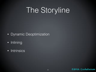 ©2016 CodeKaram
The Storyline
• Dynamic Deoptimization
• Inlining
• Intrinsics
4
 