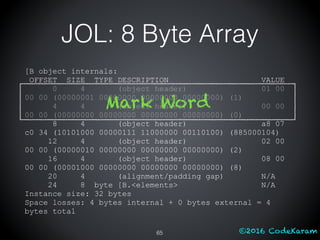 ©2016 CodeKaram
JOL: 8 Byte Array
[B object internals:
OFFSET SIZE TYPE DESCRIPTION VALUE
0 4 (object header) 01 00
00 00 (00000001 00000000 00000000 00000000) (1)
4 4 (object header) 00 00
00 00 (00000000 00000000 00000000 00000000) (0)
8 4 (object header) a8 07
c0 34 (10101000 00000111 11000000 00110100) (885000104)
12 4 (object header) 02 00
00 00 (00000010 00000000 00000000 00000000) (2)
16 4 (object header) 08 00
00 00 (00001000 00000000 00000000 00000000) (8)
20 4 (alignment/padding gap) N/A
24 8 byte [B.<elements> N/A
Instance size: 32 bytes
Space losses: 4 bytes internal + 0 bytes external = 4
bytes total
65
Mark Word
 