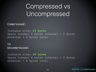 ©2016 CodeKaram
Compressed vs
Uncompressed
Compressed:
Instance size: 24 bytes
Space losses: 0 bytes internal + 0 bytes
external = 0 bytes total
vs
Uncompressed:
Instance size: 32 bytes
Space losses: 4 bytes internal + 0 bytes
external = 4 bytes total
80
 