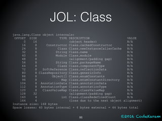©2016 CodeKaram
JOL: Class
java.lang.Class object internals:
OFFSET SIZE TYPE DESCRIPTION VALUE
0 16 (object header) N/A
16 8 Constructor Class.cachedConstructor N/A
24 8 Class Class.newInstanceCallerCache N/A
32 8 String Class.name N/A
40 8 Module Class.module N/A
48 8 (alignment/padding gap) N/A
56 8 String Class.packageName N/A
64 8 Class Class.componentType N/A
72 8 SoftReference Class.reflectionData N/A
80 8 ClassRepository Class.genericInfo N/A
88 8 Object[] Class.enumConstants N/A
96 8 Map Class.enumConstantDirectory N/A
104 8 AnnotationData Class.annotationData N/A
112 8 AnnotationType Class.annotationType N/A
120 8 ClassValueMap Class.classValueMap N/A
128 32 (alignment/padding gap) N/A
160 4 int Class.classRedefinedCount N/A
164 4 (loss due to the next object alignment)
Instance size: 168 bytes
Space losses: 40 bytes internal + 4 bytes external = 44 bytes total
86
 