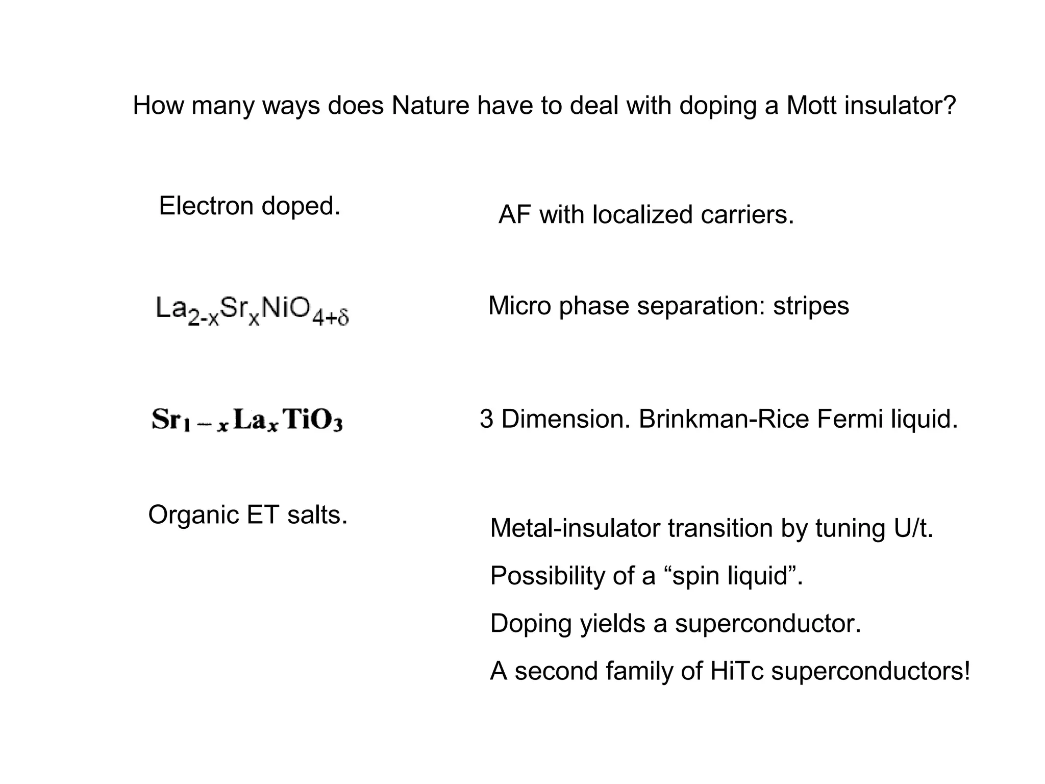 How many ways does Nature have to deal with doping a Mott insulator?
Electron doped.
3 Dimension. Brinkman-Rice Fermi liquid.
AF with localized carriers.
Micro phase separation: stripes
Organic ET salts.
Metal-insulator transition by tuning U/t.
Possibility of a “spin liquid”.
Doping yields a superconductor.
A second family of HiTc superconductors!
 