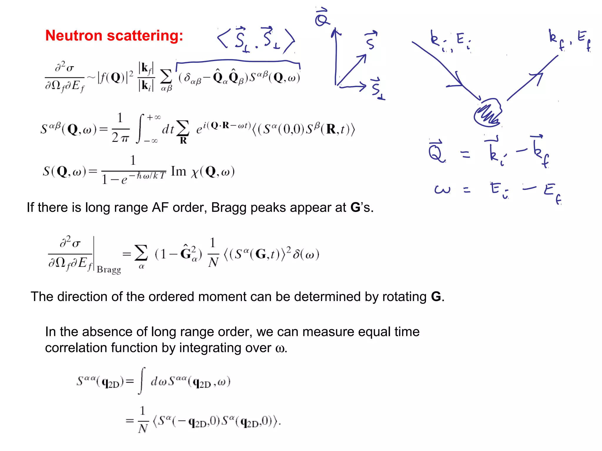 Neutron scattering:
If there is long range AF order, Bragg peaks appear at G’s.
The direction of the ordered moment can be determined by rotating G.
In the absence of long range order, we can measure equal time
correlation function by integrating over ω.
 