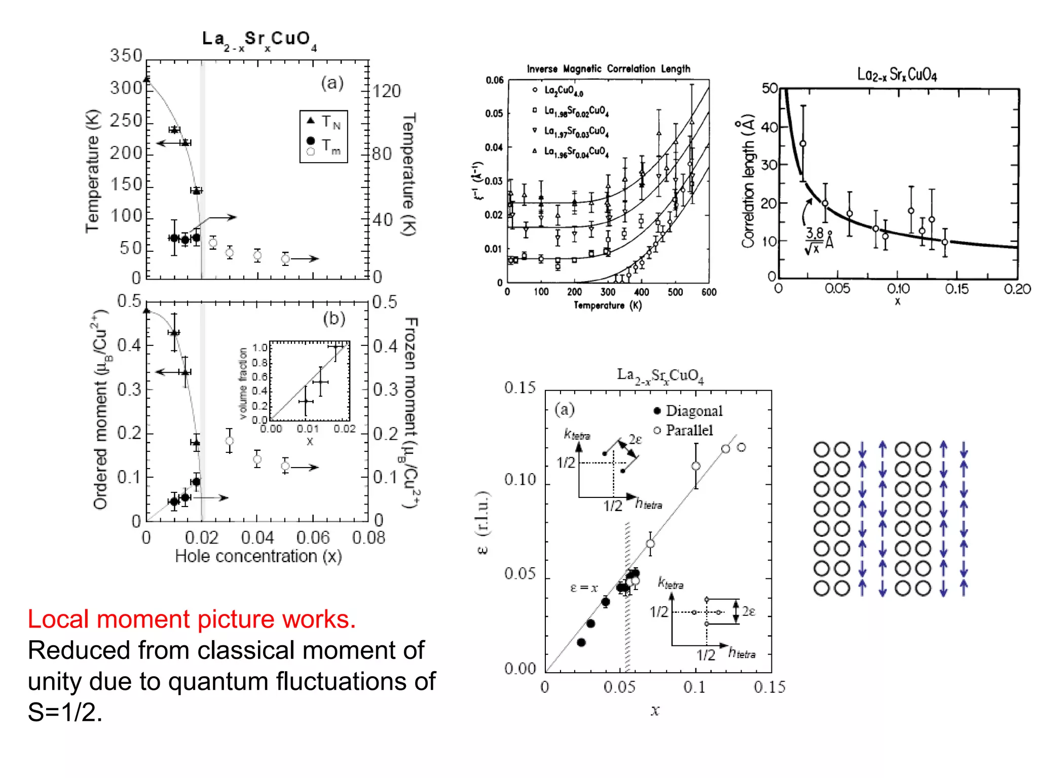 Local moment picture works.
Reduced from classical moment of
unity due to quantum fluctuations of
S=1/2.
 