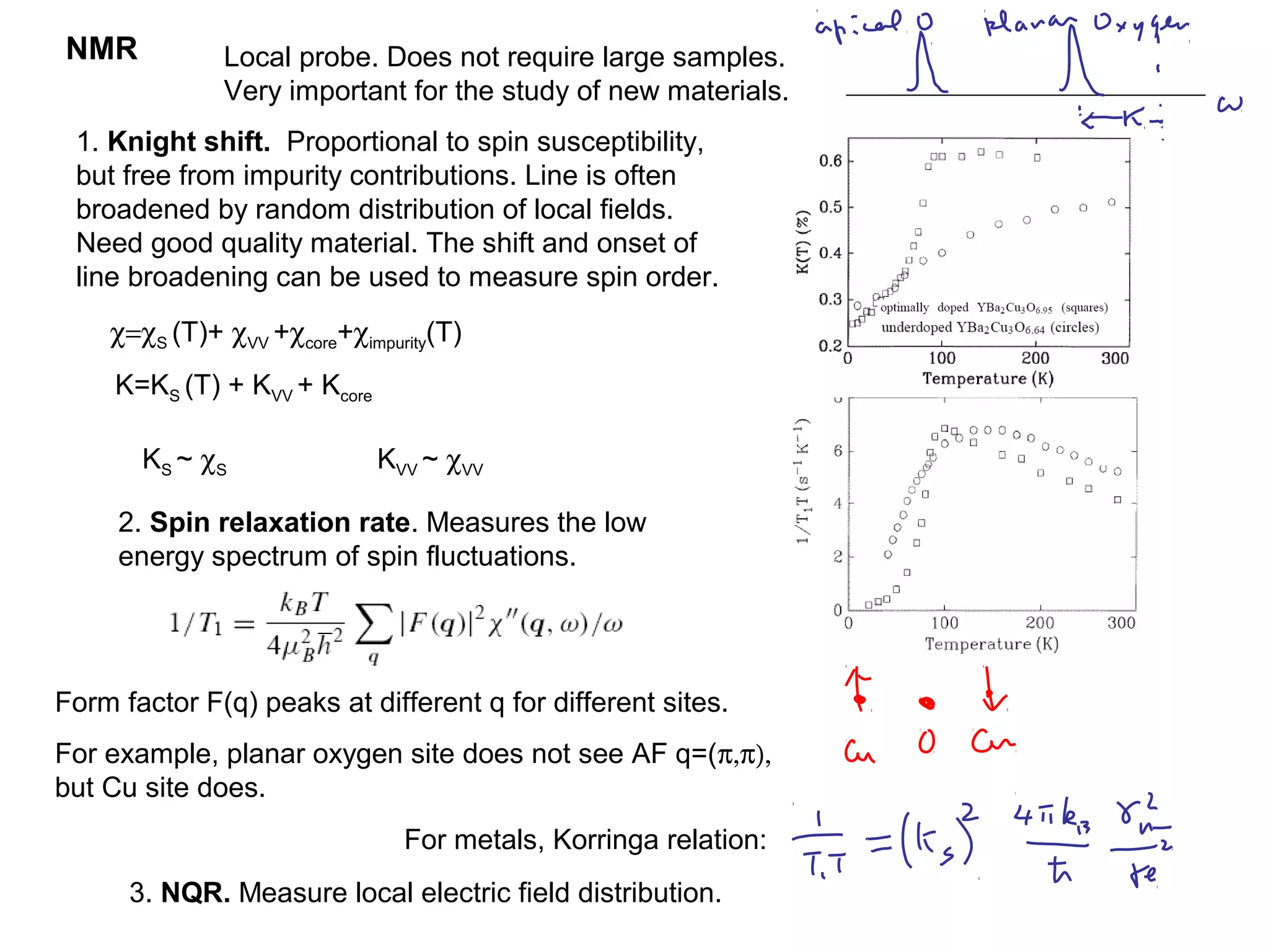 NMR Local probe. Does not require large samples.
Very important for the study of new materials.
1. Knight shift. Proportional to spin susceptibility,
but free from impurity contributions. Line is often
broadened by random distribution of local fields.
Need good quality material. The shift and onset of
line broadening can be used to measure spin order.
2. Spin relaxation rate. Measures the low
energy spectrum of spin fluctuations.
3. NQR. Measure local electric field distribution.
χ=χS (T)+ χVV +χcore+χimpurity(T)
K=KS (T) + KVV + Kcore
KS ~ χS KVV ~ χVV
Form factor F(q) peaks at different q for different sites.
For example, planar oxygen site does not see AF q=(π,π),
but Cu site does.
For metals, Korringa relation:
 
