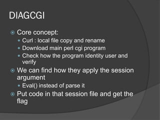 DIAGCGI
 Core concept:
 Curl : local file copy and rename
 Download main perl cgi program
 Check how the program identity user and
verify
 We can find how they apply the session
argument
 Eval() instead of parse it
 Put code in that session file and get the
flag
 