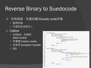 Reverse Binary to Suedocode
 沒有頭緒，先嘗試翻成suedo code來看
 整理思緒
 方便其他成員切入
 Callme
 找到bof，但遇到
stack cookie
 考慮讀出stack cookie
 或使用 exception handler
 QQ
 