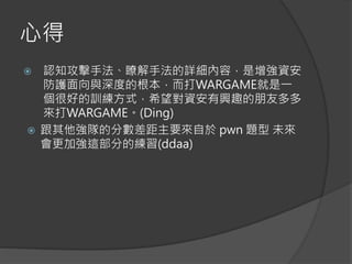 心得
 認知攻擊手法、瞭解手法的詳細內容，是增強資安
防護面向與深度的根本，而打WARGAME就是一
個很好的訓練方式，希望對資安有興趣的朋友多多
來打WARGAME。(Ding)
 跟其他強隊的分數差距主要來自於 pwn 題型 未來
會更加強這部分的練習(ddaa)
 