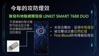 今年的攻防燈效
聯發科物聯網開發版 LINKIT SMART 7688 DUO
• 未受攻擊時，呈現呼吸燈效
• 被攻擊成功會狂閃紅燈
• First Blood時有隱藏版燈效
不須複雜的程式碼
即可結合記分板，
完成複雜且即時的
攻防燈效
 