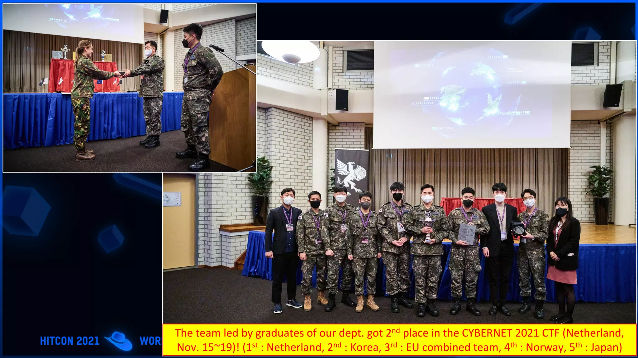 The team led by graduates of our dept. got 2nd place in the CYBERNET 2021 CTF (Netherland,
Nov. 15~19)! (1st : Netherland, 2nd : Korea, 3rd : EU combined team, 4th : Norway, 5th : Japan)
 