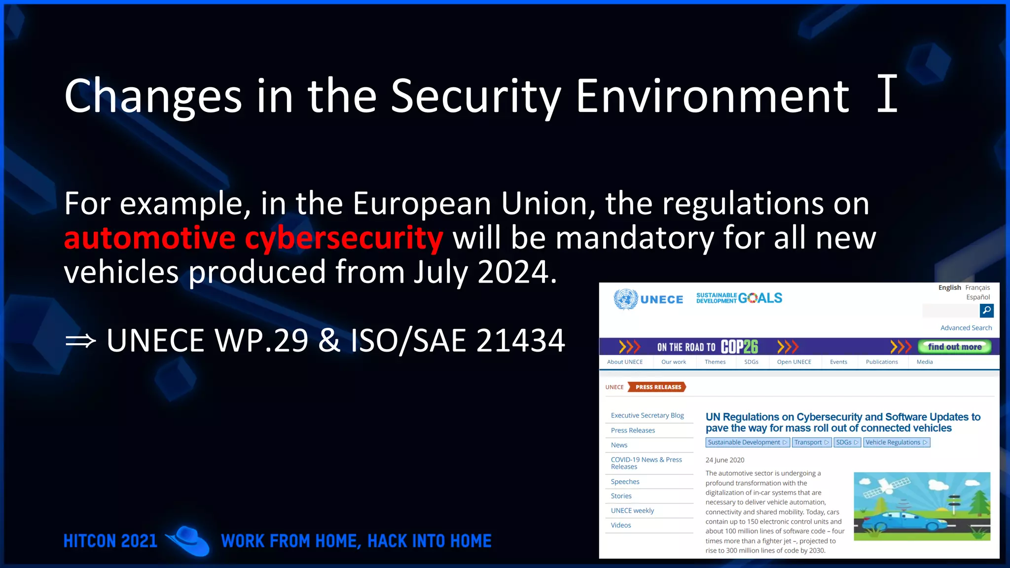 Changes in the Security Environment Ⅰ
For example, in the European Union, the regulations on
automotive cybersecurity will be mandatory for all new
vehicles produced from July 2024.
⇒ UNECE WP.29 & ISO/SAE 21434
 