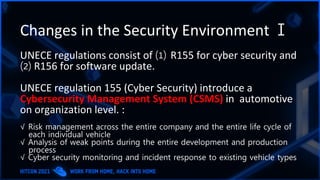 Changes in the Security Environment Ⅰ
UNECE regulations consist of ⑴ R155 for cyber security and
⑵ R156 for software update.
UNECE regulation 155 (Cyber Security) introduce a
Cybersecurity Management System (CSMS) in automotive
on organization level. :
√ Risk management across the entire company and the entire life cycle of
each individual vehicle
√ Analysis of weak points during the entire development and production
process
√ Cyber ​​security monitoring and incident response to existing vehicle types
 
