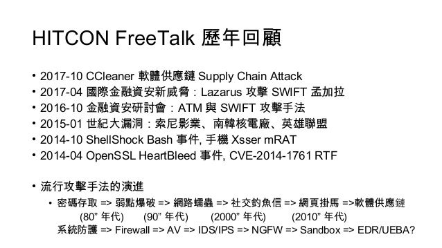 HITCON FreeTalk 歷年回顧
• 2017-10 CCleaner 軟體供應鏈 Supply Chain Attack
• 2017-04 國際金融資安新威脅：Lazarus 攻擊 SWIFT 孟加拉
• 2016-10 金融資安研...