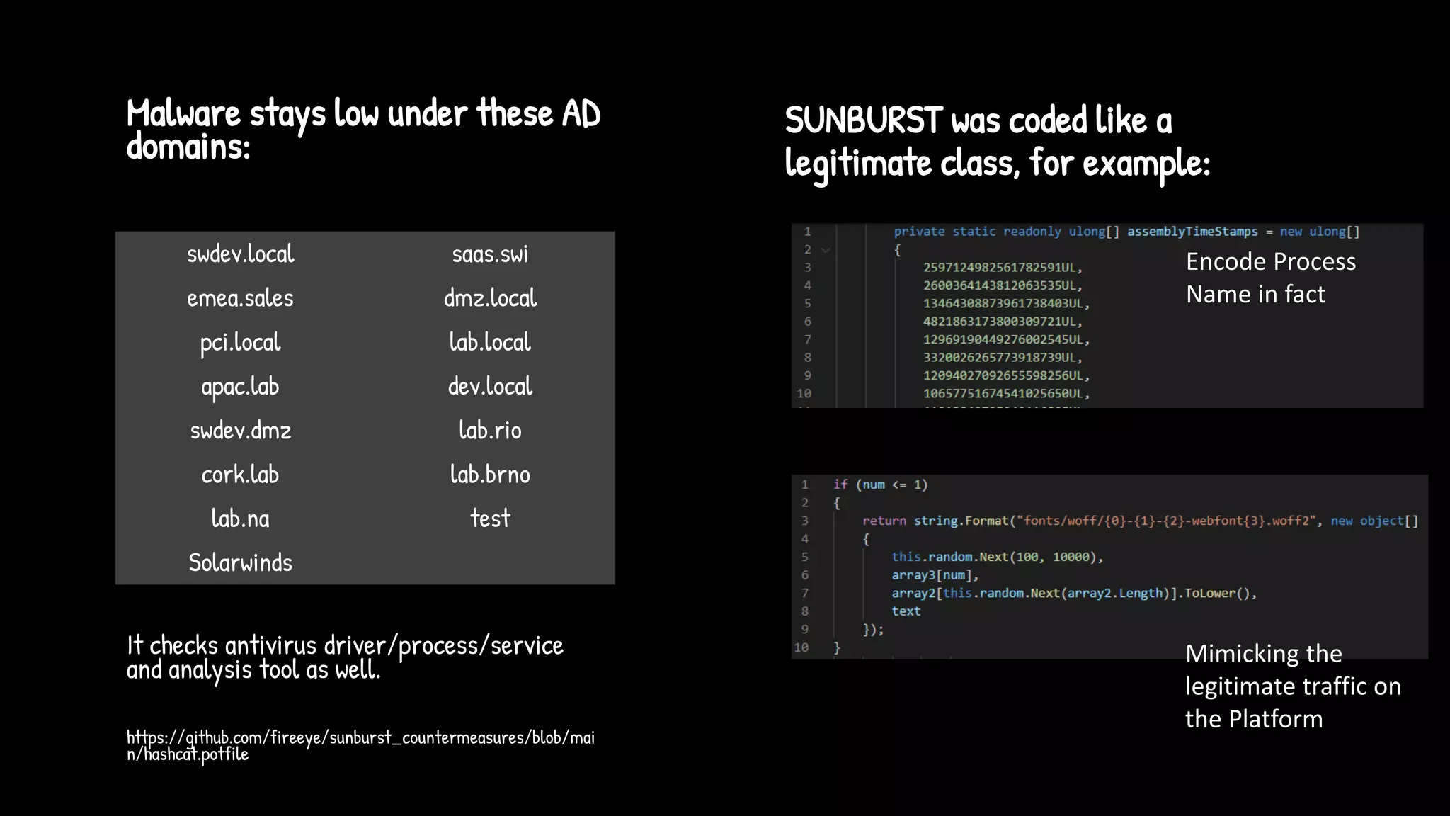 Malware stays low under these AD
domains:
It checks antivirus driver/process/service
and analysis tool as well.
https://github.com/fireeye/sunburst_countermeasures/blob/mai
n/hashcat.potfile
swdev.local saas.swi
emea.sales dmz.local
pci.local lab.local
apac.lab dev.local
swdev.dmz lab.rio
cork.lab lab.brno
lab.na test
Solarwinds
SUNBURST was coded like a
legitimate class, for example:
Encode Process
Name in fact
Mimicking the
legitimate traffic on
the Platform
 
