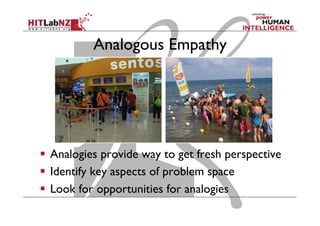 Analogous Empathy

  Analogies provide way to get fresh perspective
  Identify key aspects of problem space
  Look for opportunities for analogies

 