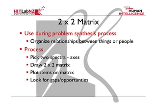 2 x 2 Matrix
  Use during problem synthesis process
  Organize relationships between things or people

  Process
  Pic...