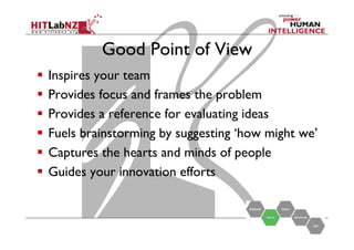 Good Point of View
  Inspires your team
  Provides focus and frames the problem
  Provides a reference for evaluating i...