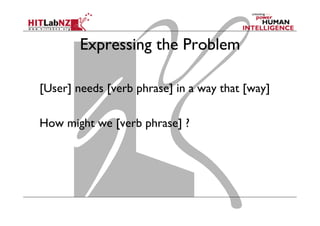 Expressing the Problem
[User] needs [verb phrase] in a way that [way]
How might we [verb phrase] ?

 