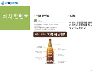 예시 컨텐츠   정보 컨텐츠   내용

                  이벤트 진행결과를 통해
                  다시한번 공감대를 형성
                  댓글 유도하는 글




                            14
 