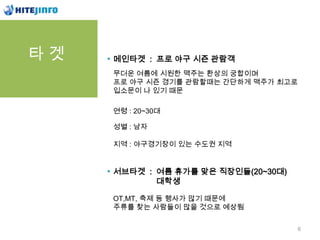 탶겟   메인탶겟 : 프로 야구 시즌 관람객
     무더운 여름에 시원한 맥주는 환상의 궁합이며
     프로 야구 시즌 경기를 관람할때는 간단하게 맥주가 최고로
     입소문이 나 있기 때문

     연령 : 20~30대

     성별 : 남자

     지역 : 야구경기장이 있는 수도권 지역


     서브탶겟 : 여름 휴가를 맞은 직장인들(20~30대)
            대학생

     OT,MT, 축제 등 행사가 많기 때문에
     주류를 찾는 사람들이 많을 것으로 예상됨


                                     6
 