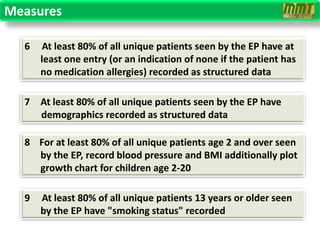 Measures

  6   At least 80% of all unique patients seen by the EP have at
      least one entry (or an indication of none if the patient has
      no medication allergies) recorded as structured data

  7 At least 80% of all unique patients seen by the EP have
    demographics recorded as structured data

  8 For at least 80% of all unique patients age 2 and over seen
    by the EP, record blood pressure and BMI additionally plot
    growth chart for children age 2-20

  9   At least 80% of all unique patients 13 years or older seen
      by the EP have "smoking status" recorded
 