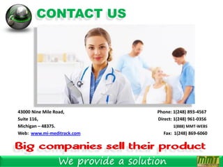 CONTACT US




43000 Nine Mile Road,              Phone: 1(248) 893-4567
Suite 116,                         Direct: 1(248) 961-0356
Michigan – 48375.                         1(888) MMT-WEBS
Web: www.mi-meditrack.com            Fax: 1(248) 869-6060




                We provide a solution
 