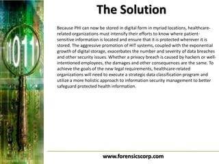 The Solution
Because PHI can now be stored in digital form in myriad locations, healthcare-
related organizations must intensify their efforts to know where patient-
sensitive information is located and ensure that it is protected wherever it is
stored. The aggressive promotion of HIT systems, coupled with the exponential
growth of digital storage, exacerbates the number and severity of data breaches
and other security issues. Whether a privacy breach is caused by hackers or well-
intentioned employees, the damages and other consequences are the same. To
achieve the goals of the new legal requirements, healthcare-related
organizations will need to execute a strategic data classification program and
utilize a more holistic approach to information security management to better
safeguard protected health information.




                       www.forensicscorp.com
 