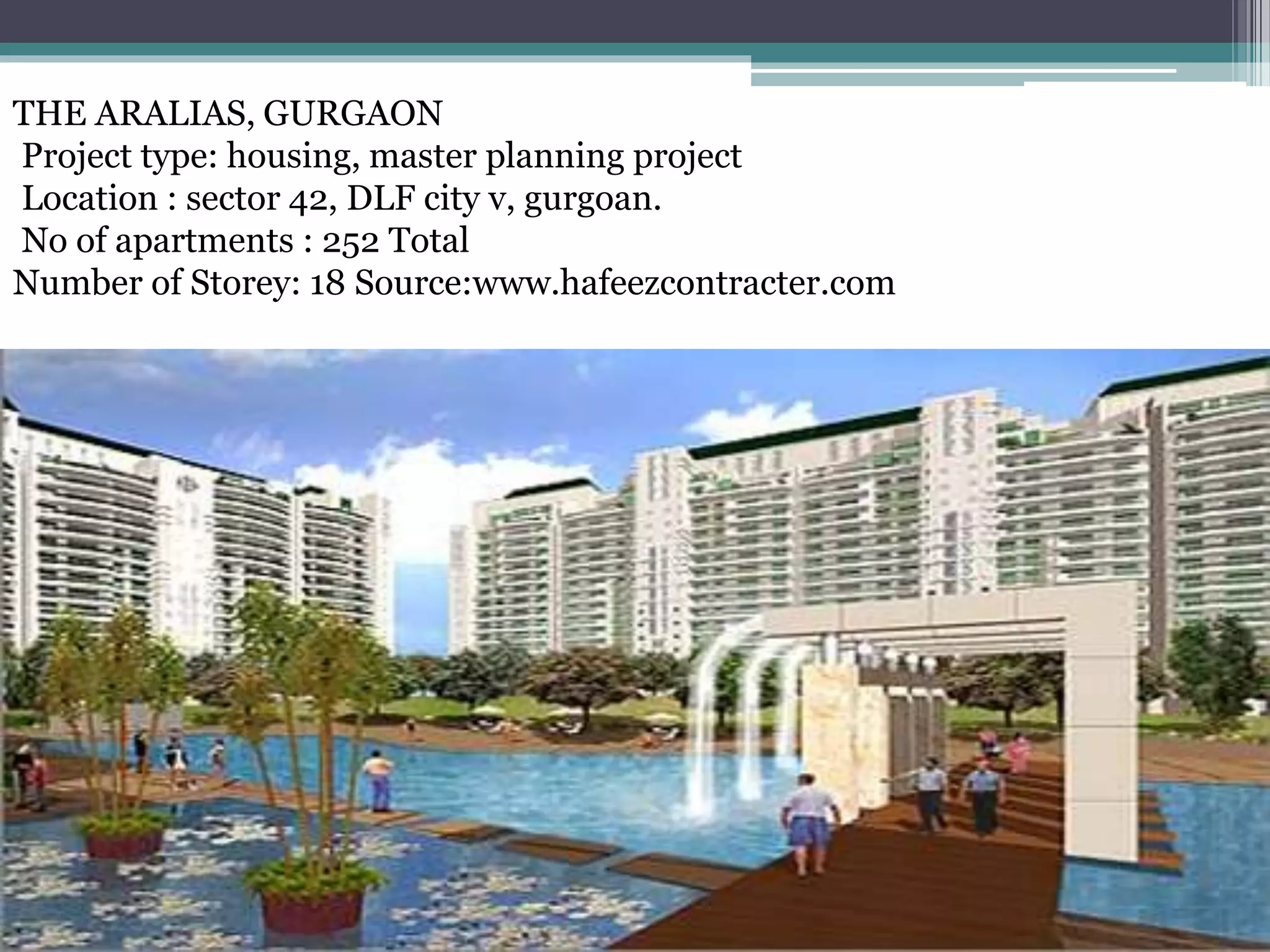 THE ARALIAS, GURGAON
Project type: housing, master planning project
Location : sector 42, DLF city v, gurgoan.
No of apartments : 252 Total
Number of Storey: 18 Source:www.hafeezcontracter.com
 