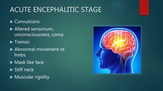 ACUTE ENCEPHALITIC STAGE
 Convulsions
 Altered sensorium,
unconsciousness, coma
 Tremor
 Abnormal movement of
limbs
 Mask like face
 Stiff neck
 Muscular rigidity
 
